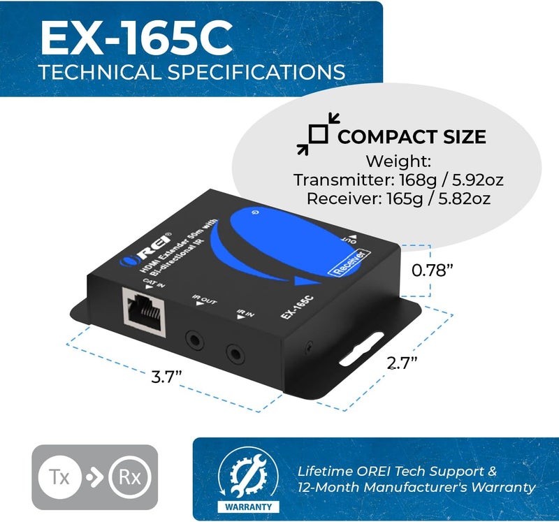 OREI HDMI over Ethernet Extender over Cat6/Cat7 Cable upto 165 Feet 1080p, Full HD, Local Loop Out Option, with IR Control EDID POC Function Transmitter and Receiver (EX-165C) - Image 5